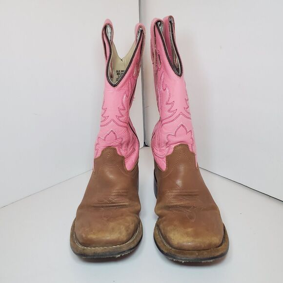 OLD WEST Brown Pink Leather Square Toe Cowboy Boots Youth Girls Size 1D EUC - Picture 4 of 7